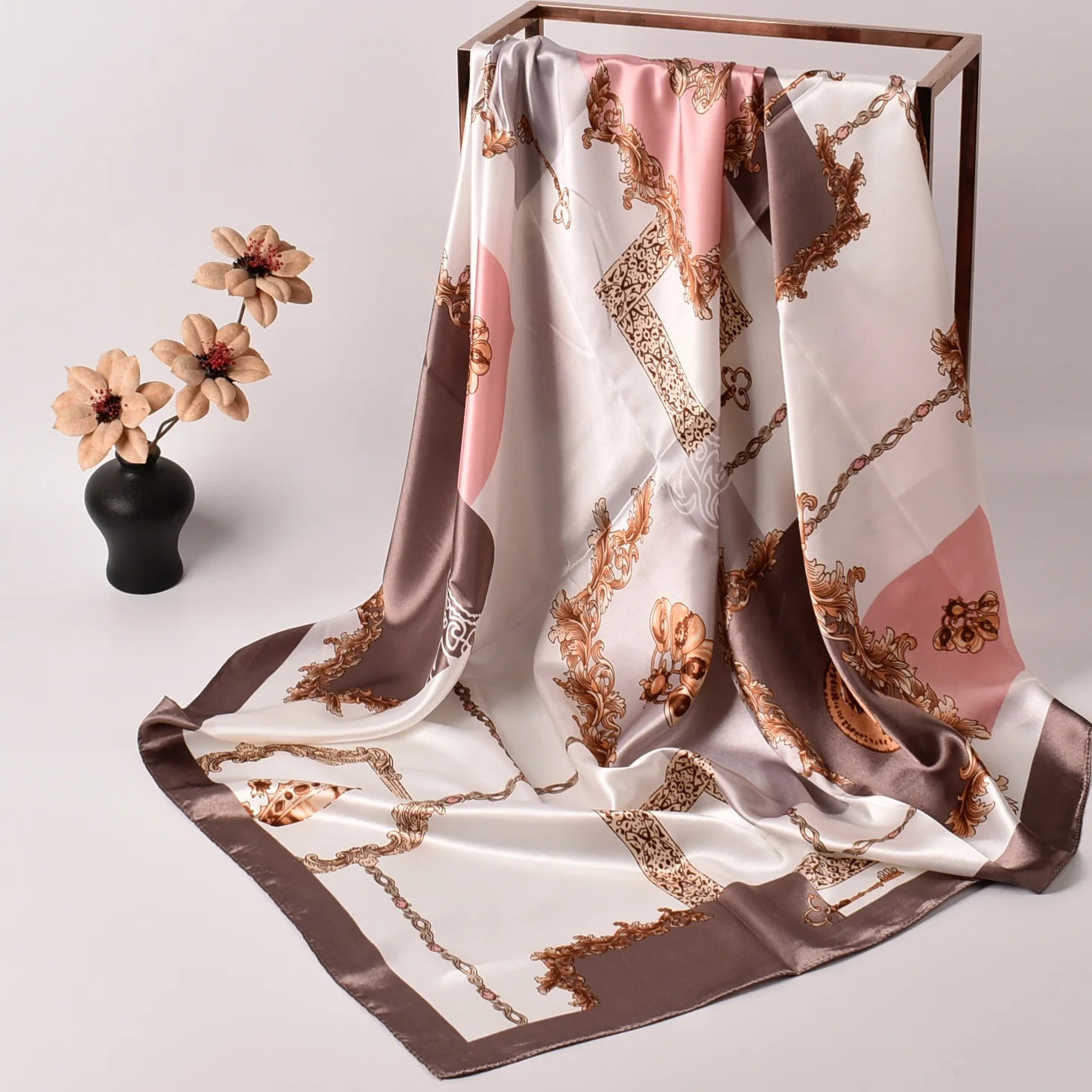 2026 New European and American  Printing Chain Fashion New 90x90 square Satin Scarf Printing Silk Scarf