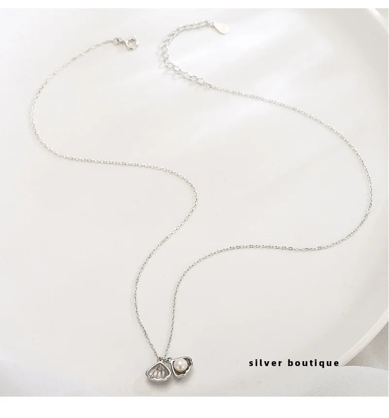 Wholesale 925 Sterling Silver Pendant Necklace Zircon CZ Micro Paved Opened Shell with Pearl Necklace Elegant for Women Gift