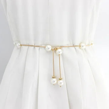 Women's Fashion Pearl Decorative Metal Waist Chain Waist Belt for Dress