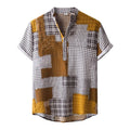 Vintage Shirts Mens Fashion Casual Check Print Short Sleeve Cotton-linen Stand Shirt Blouse Men Clothing Hawaiian Shirts