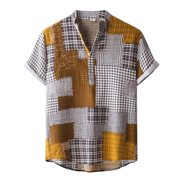 Vintage Shirts Mens Fashion Casual Check Print Short Sleeve Cotton-linen Stand Shirt Blouse Men Clothing Hawaiian Shirts