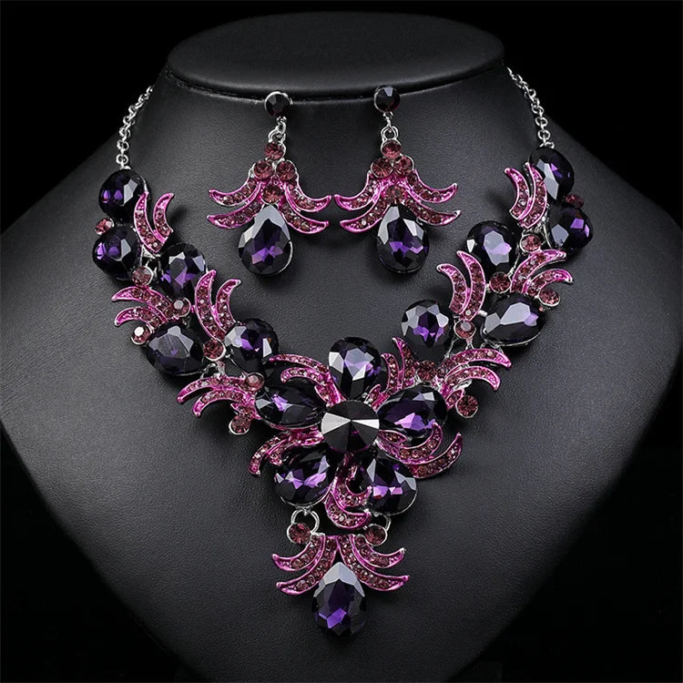 Hot Sale New Exaggerated Bright Purple Water Drop Leaf Rhinestone Necklace Bridal Women Wedding Jewelry Set