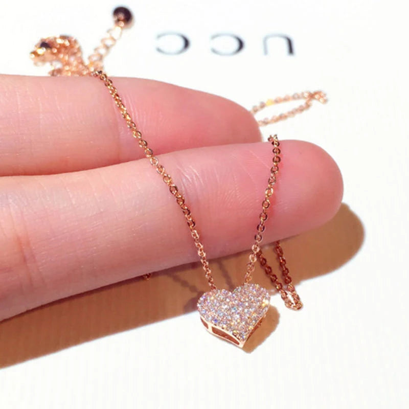 RisingMoon Jewelry Heart Pendant Necklace 14k Gold Plated Rhinestone Diamond Necklace
