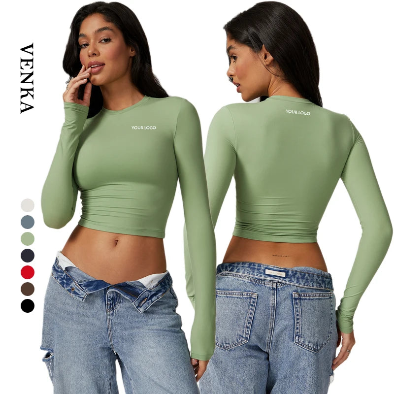 Women Custom Logo Athletic Wear Gym Fitness Crop Top Quick Dry Round Neck Running Sports Yoga Workout Long Sleeve T Shirts