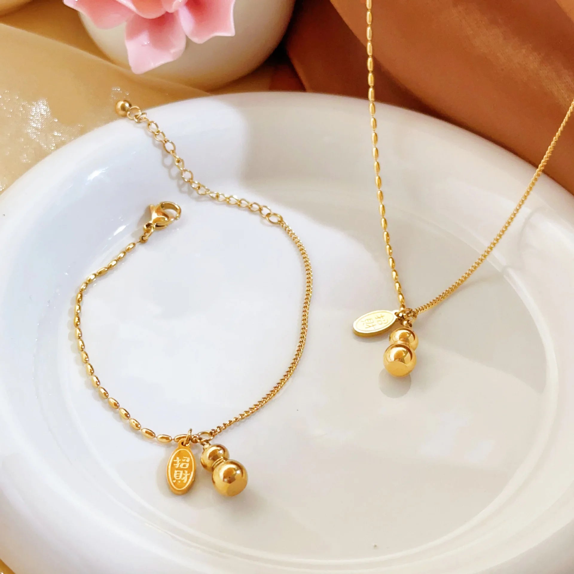 Collar De Acero Inoxidable Gold Plated Stainless Steel Necklace Earring Chinese Style Women Gourd Charm Necklace Bracelet Anklet