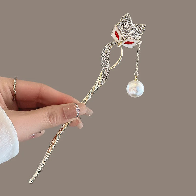 Chinese Ancient Style Full Crystal Rhinestone Fox Pearl Chopstick Hair Stick for Women Vintage Crystal Charm Hairpin Hair Wear