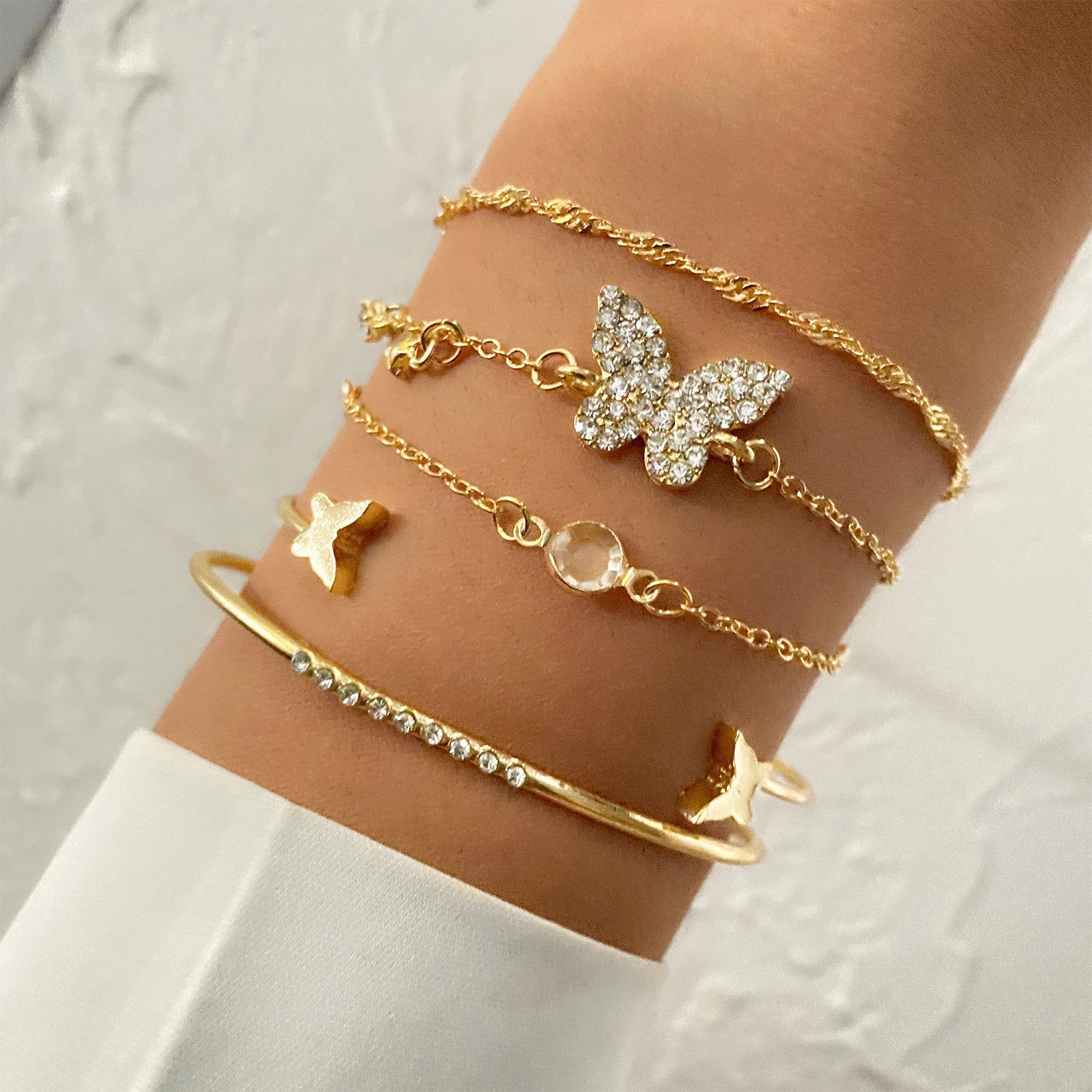 5Pcs/Set Fashion Butterfly Rhinestone Zircon Stacking Bracelet Set for Women Jewelry