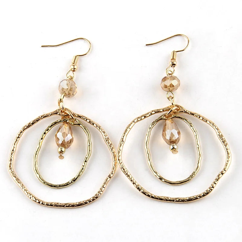 Fashion Beautiful Lady Holiday Gift  Double Alloy Big Loop Earrings Drop Crystal Glass Charm Earring
