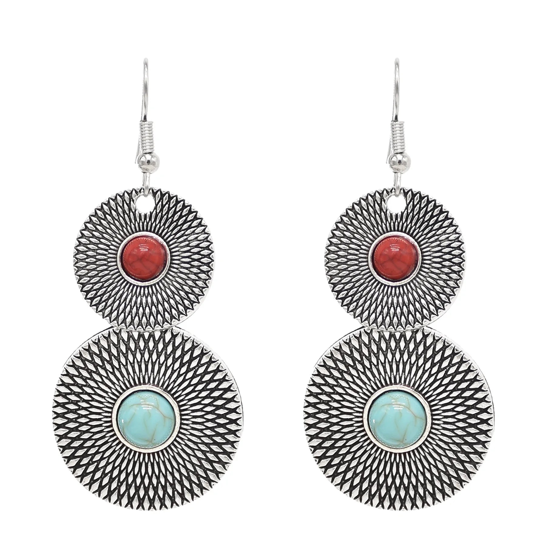 Vintage Style Carves Flower Drop Dangle Earrings Silver Red Green Gemstone Pendant Earrings