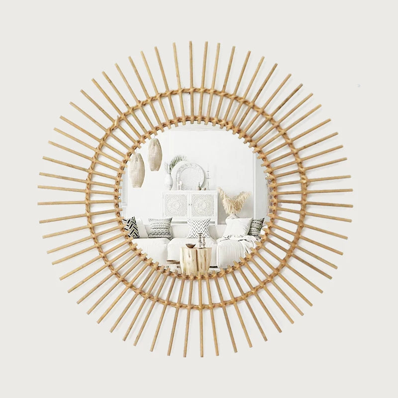 80CM Retro Pastoral Style Round Rattan Makeup Mirror Home Decoration Hand-Woven Living Room Wall Hanging Arts Dropshipping DDP