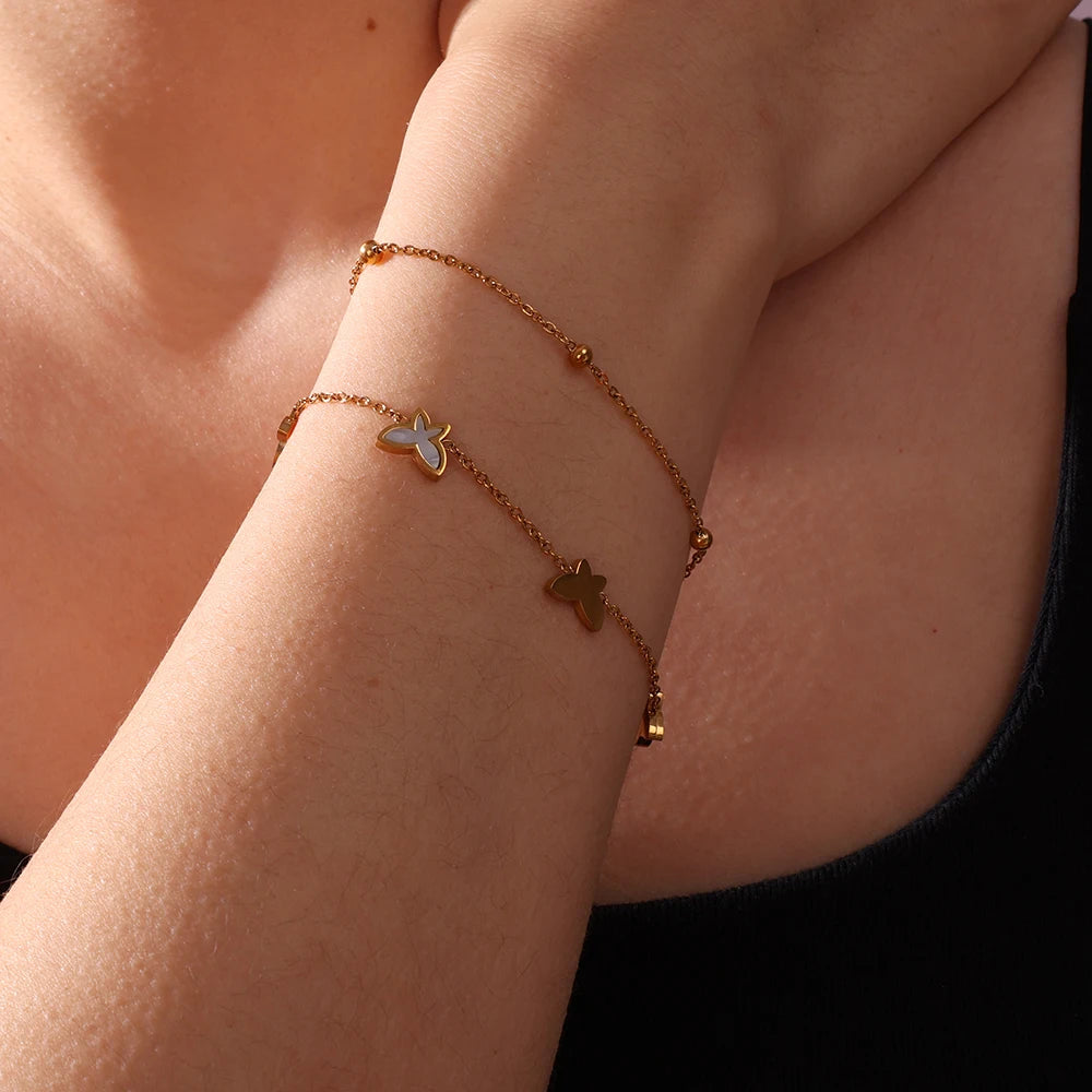 Popular 18K Gold Plated White Shell Stainless Steel Butterfly Bracelet Double Layer Luxury Adjustable Bracelet for Women Jewelry