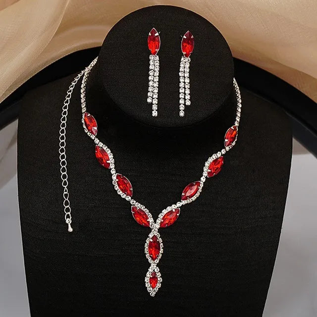 Fashion High-end Hot Selling New Red Blue Purple Crystal Necklace Earrings Jewelry Necklace Accessories Two-piece Set
