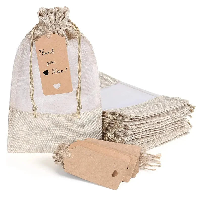 Custom Logo Jute Linen Drawstring Cosmetics Bags with Transparents Organza Window & DIY Kraft Paper