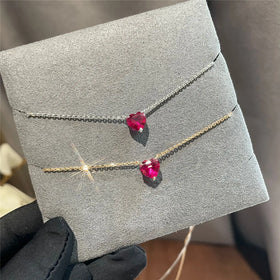 14K Gold Plating Pure 925 Sterling Silver Red Zirconia Crystal Heart Shaped Pendant Necklace for Women Girls Jewelry