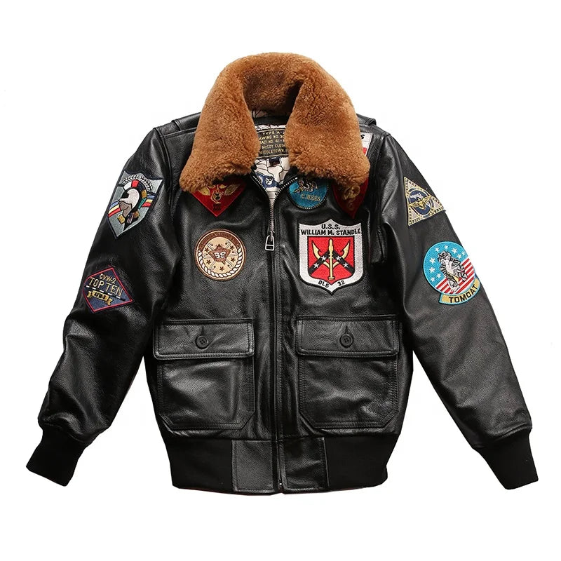 American G1 Bomber 100% Genuine Cow Leather Pilot Suit Motorcycle Jacket Women's Detachable Fleece Collar Cofskin Leather Coats