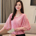New Butterfly Flower Half Sleeve Shirt Women Plus Size Fashion Chiffon Blouse Summer Cotton Edge Lace O Neck Loose Shirt
