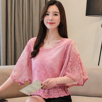 New Butterfly Flower Half Sleeve Shirt Women Plus Size Fashion Chiffon Blouse Summer Cotton Edge Lace O Neck Loose Shirt
