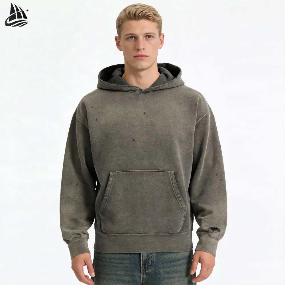 Custom Men's Distressed Vintage Acid Wash Hoodie 100% Cotton for Winter