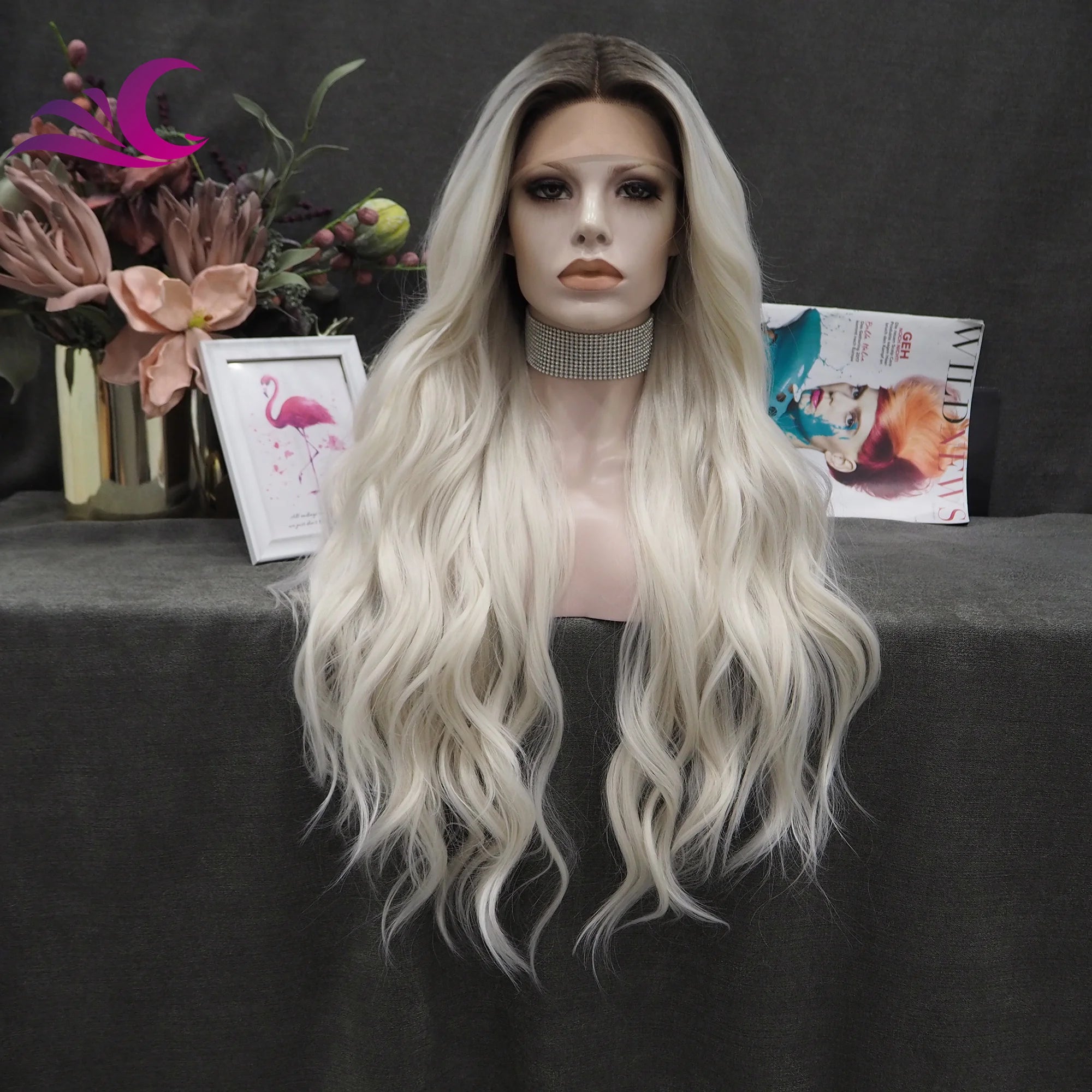Celebrity 13x4x1T-part Ash Blond Body Wave Futura Heat Resistant Henlon Fibre Transparent Synthetic Hair Lace Front Party Wigs