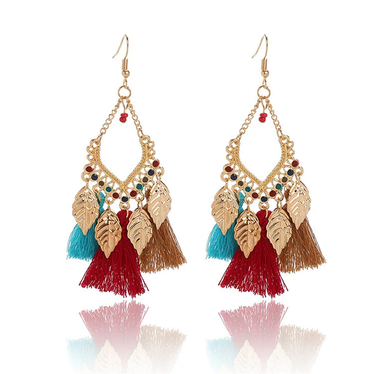 SC Hot Sale Retro Ethnic Style Drop Dangle Earrings Trend Bohemian Earrings Gold Metal Leaf Long Tassel Earrings