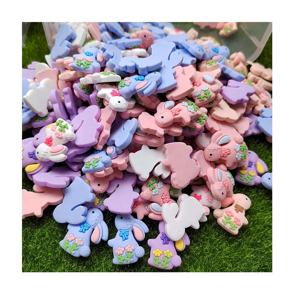 100Pcs Miniature Colorful Resin Rabbit Cabochons Lovely Bowknot Rabbit Embellishments With Flowers for Slime Craft Supplies