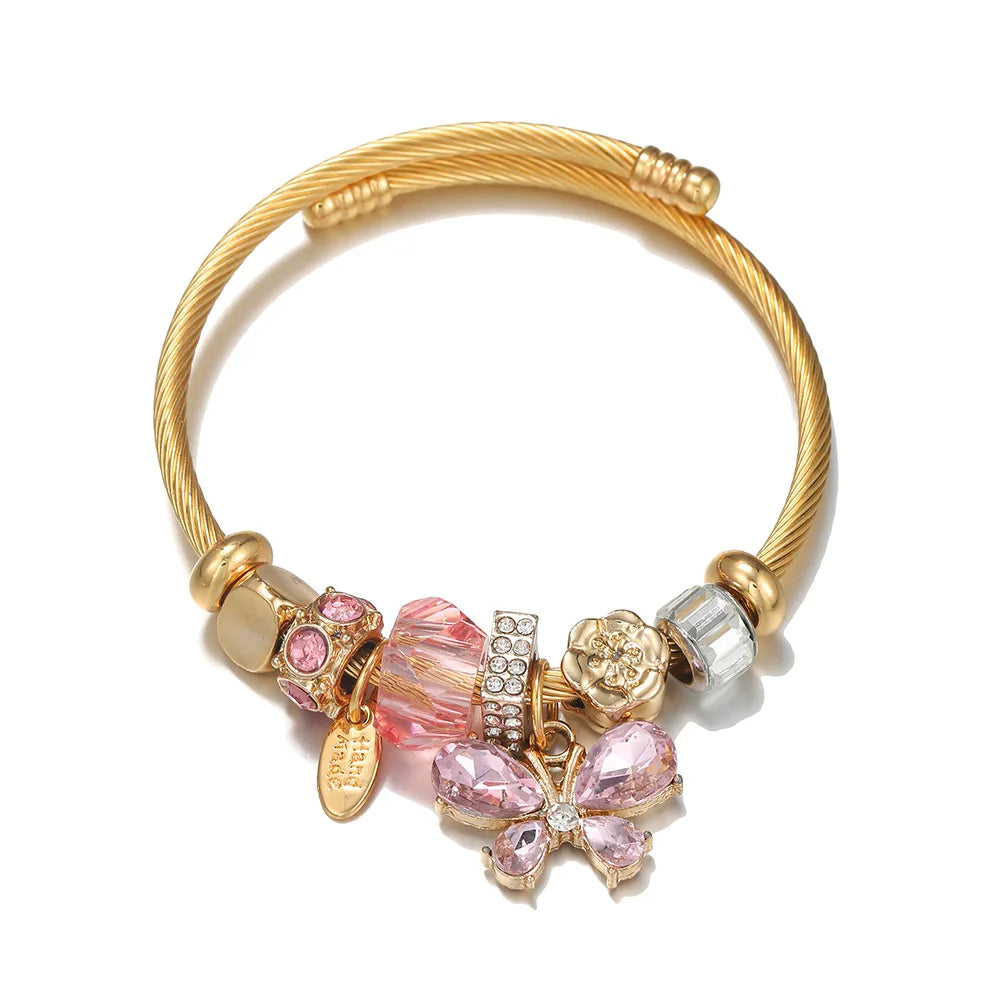 New Arrival Fashion Stainless Steel Cable Bracelet DIY Alloy Crystal Butterfly Charm Beads Bracelet for Women Girls Gifts