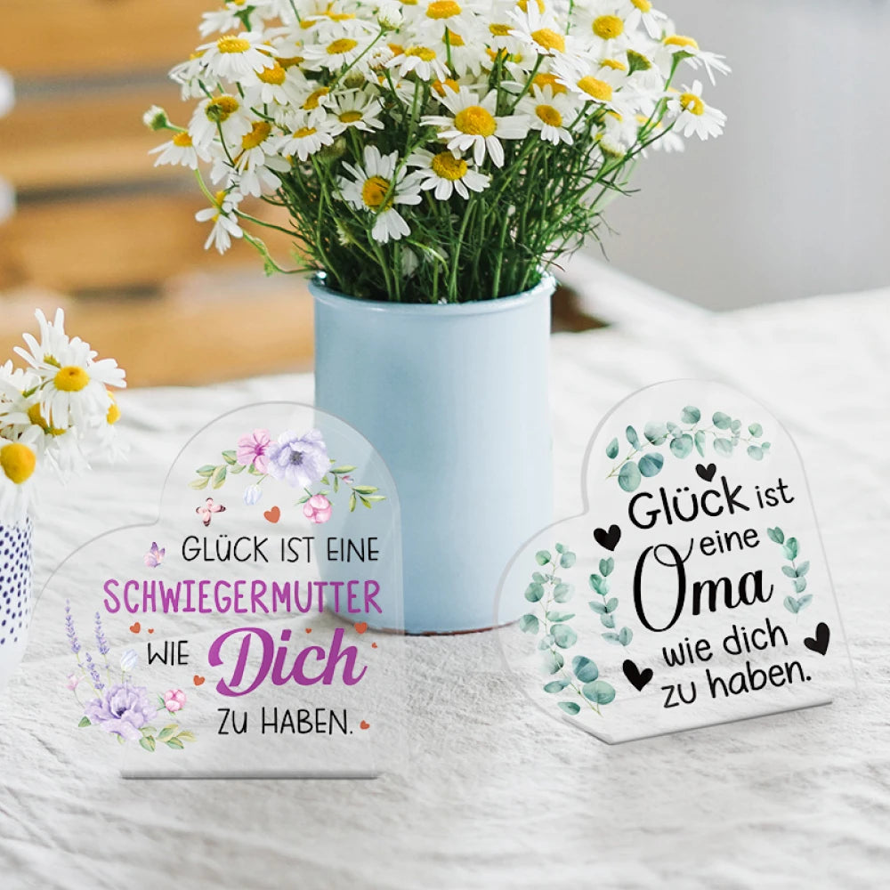 German Heart Shaped Curved Acrylic Desk Ornament Display with German Inspirational Quotes for Loved Ones