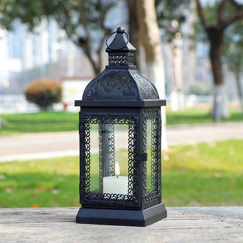 Rustic Style Metal Candle Lantern Black Candle Holder with Tempered Glass for Christmas Living Room Garden Patio Parties