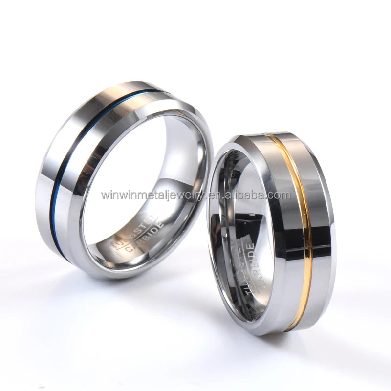8mm Gold Blue Grooves Tungsten Carbide Unisex Wedding Band Ring Trendy Invisible Setting Religious Style Engagement Party