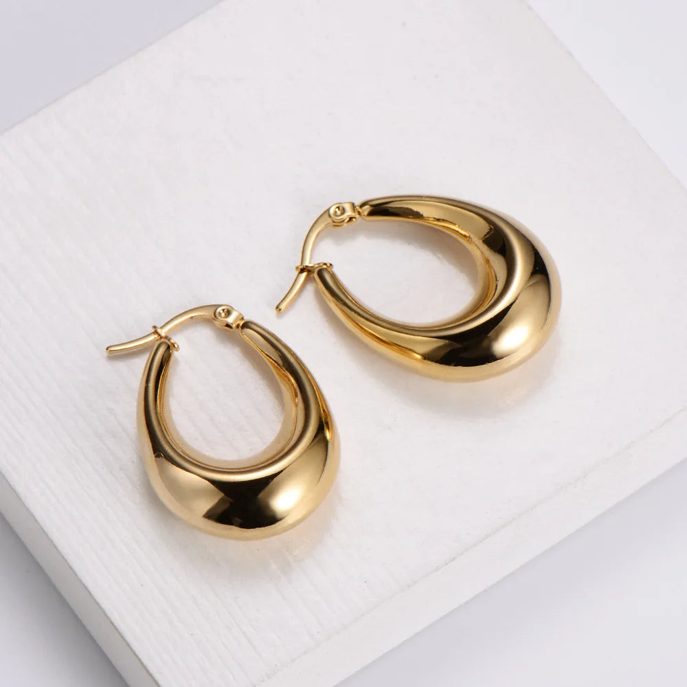 Fashion Stainless Steel 18k Gold Plated Jewelry Chunky Oval Hollow Out Hoop Earrings