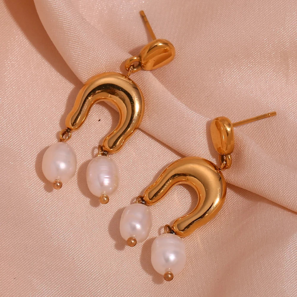 Boho Jewelry PVD Gold Plated Fresh Water Pearl Bohemian Earring Stainless Steel Dangle Earring