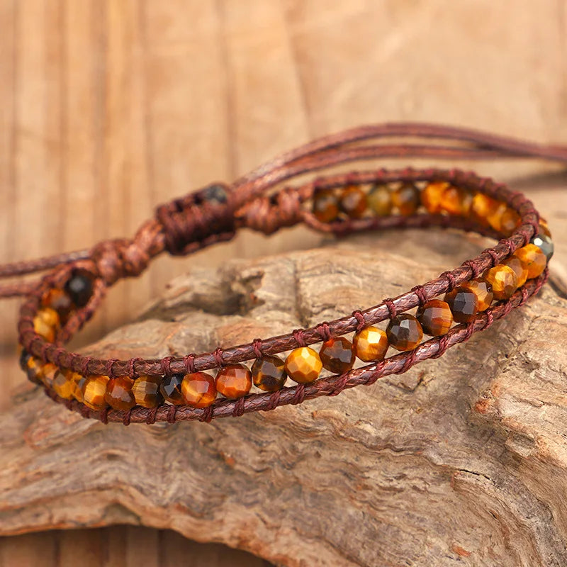 New Fashion 100% Handmade Woven Jewelry Natural Cut Precious Real Yellow Tiger Eye Stone and Leather Men's Bracelets for Women