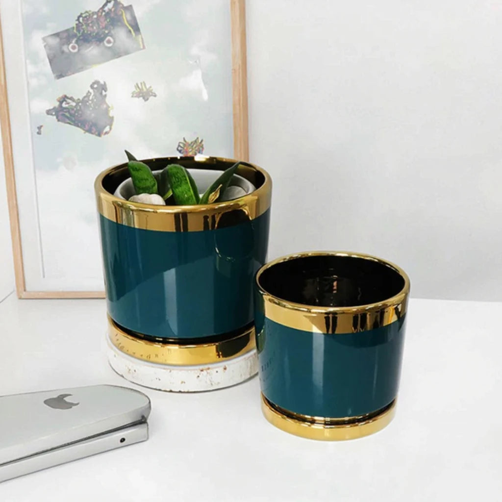 LIVEFUN Light Luxury Ceramic Flower Pot Tray High-end Electroplated Design Simple Room Garden Wholesale Home Ornaments