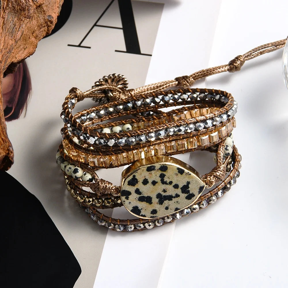 JH Wholesale New Bohemian Ethnic 5 Strands Natural Stone Dalmation Jasper Crystal Glass Handmade Wrap Bracelet