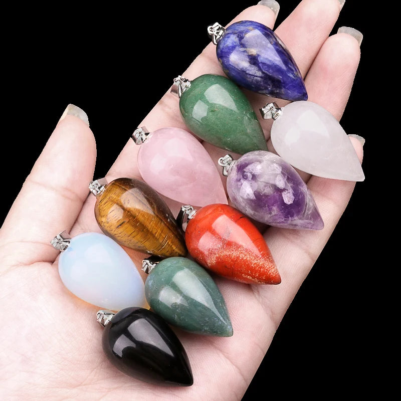 18x30mm Natural Crystal Droplet Pendant Chakra Healing Stone Teardrop Necklace Pendant with Adjustable Cord for DIY Making