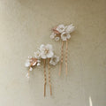 1Set Classy Gold Leaf Bridal Hair Pieces Pearl White Ceramic Flower Hairpin for Wedding