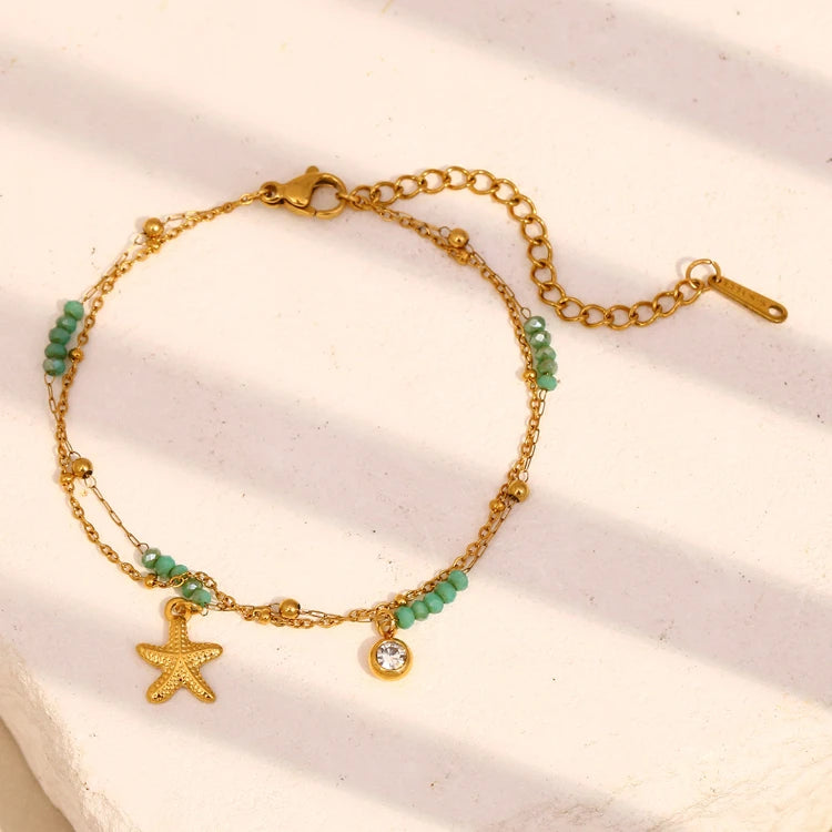 X153 Wholesale PVD 18k Gold Plated Stainless Steel Double Layer Starfish Charm Bracelet Fashion Summer Chain Bracelet Jewelry