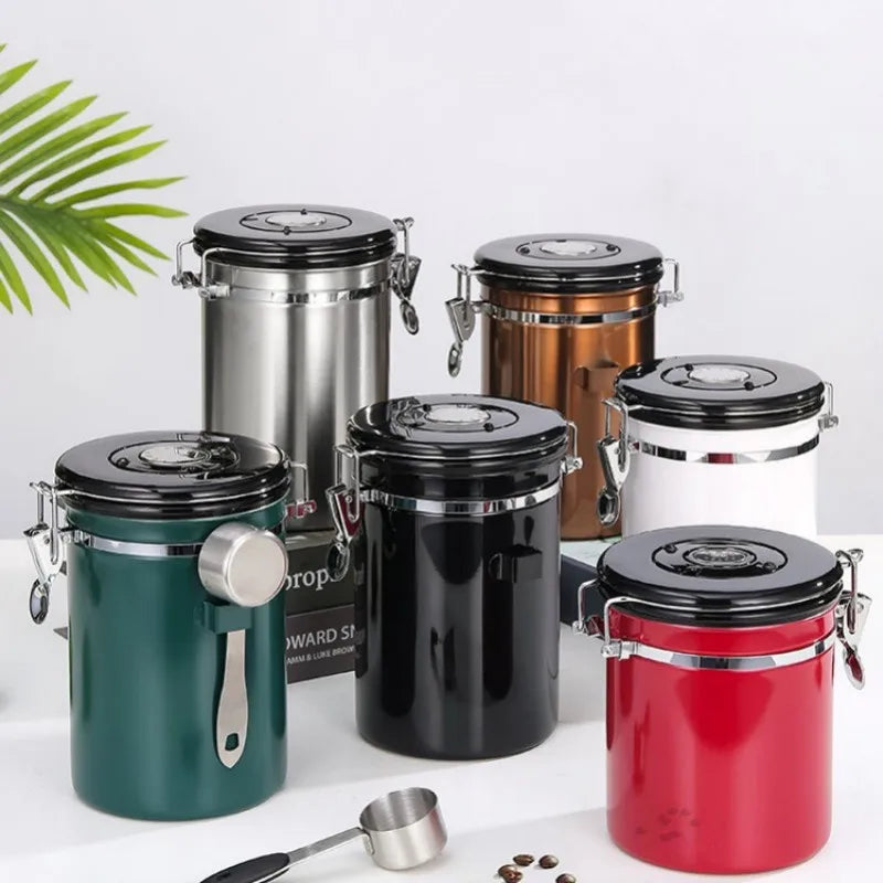 Stainless Steel Coffee Storage Sealed Tank with Date Tracker and Measuring Scoop Coffee Bean Storage Containers