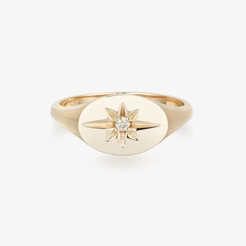 925 Sterling Silver Women Jewelry Star CZ Gold Plated Starburst Signet Ring
