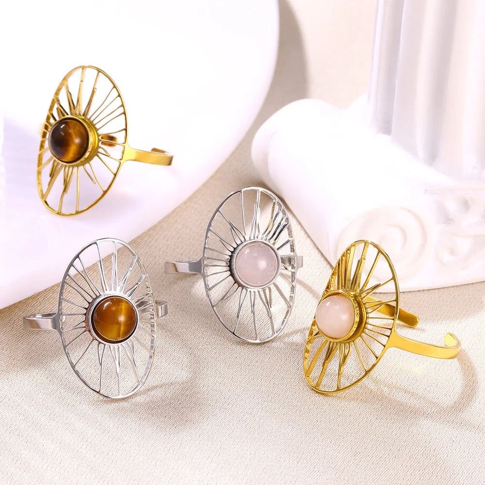 Stainless Steel Gold Hollow Geometric Oval Natural Stone Inlaid Tiger Eye Rose Quartz Crystal Big Gemstone Ring