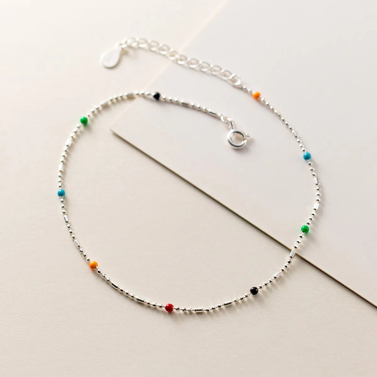 Rainbow Colorful Round Enamel Beaded 925 Sterling Silver Anklets Fashion Jewelry for Women