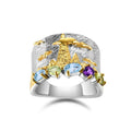 Abiding Original Design 925 Silver Mixed Natural Gemstone Peridot Topaz Gold Plated Mountain Cloud Ring