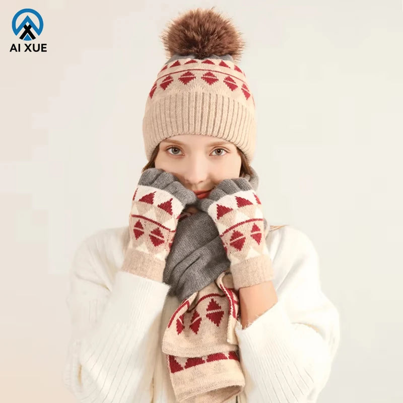 New Winter Outdoor Warm Woolen Jacquard Beanie Hat and Long Gloves Scarves Set Knitted Three-Piece Set