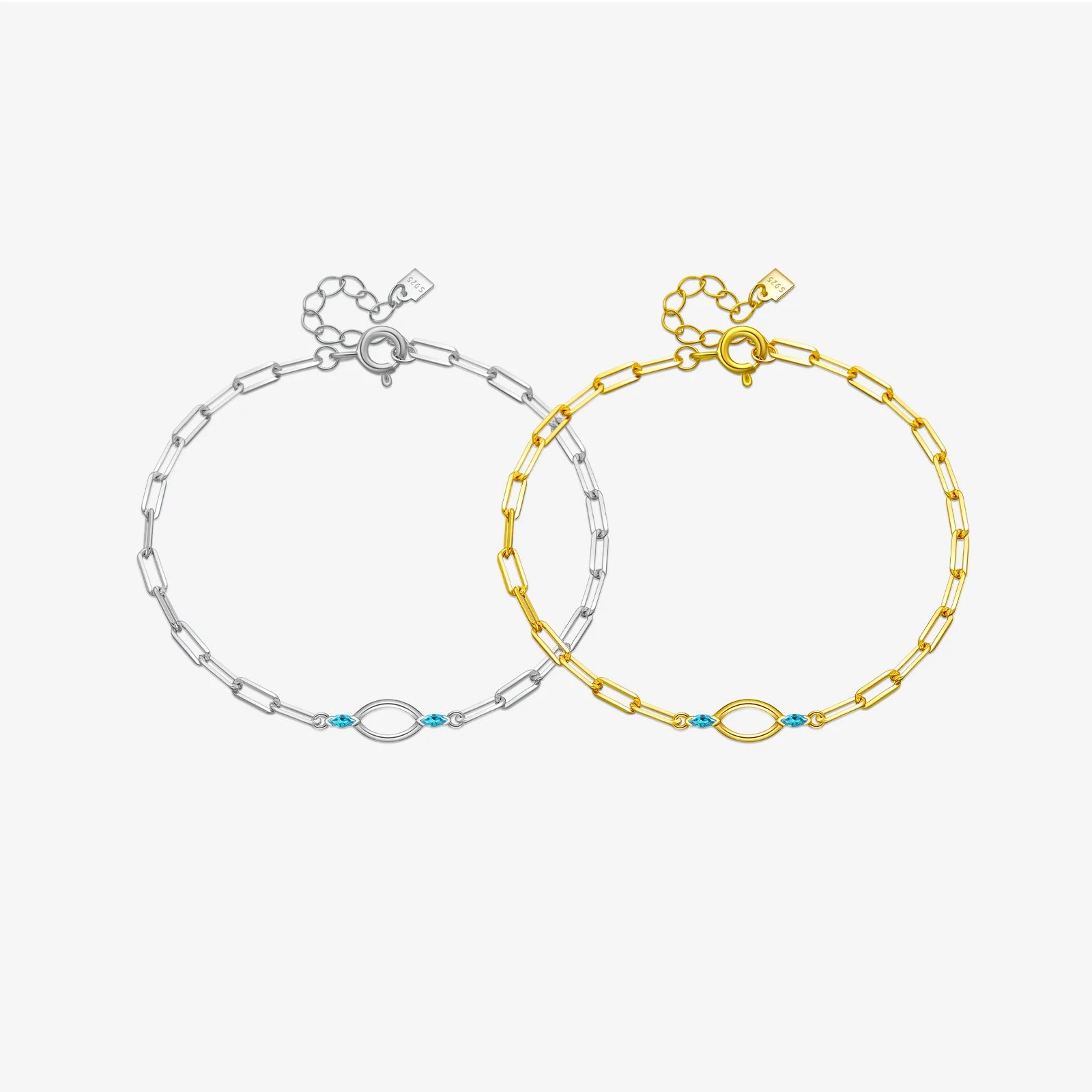 FUAMAY Dainty 18K Gold Plated Bangles Paper Clip with Blue Zircon Minimalist Sterling Silver Paper Clip Evils Eye Bracelet