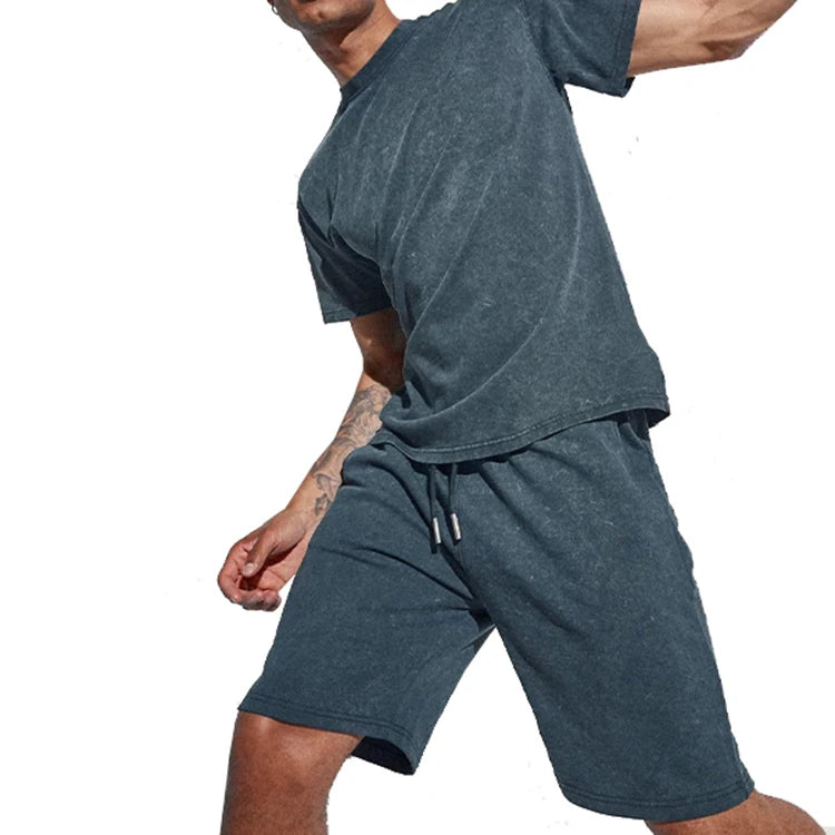 K220075 Men Sportswear T-shirt and Shorts 2 Piece Sets Custom Embroidery Plain Acid Wash Short Sleeved T Shirt Shorts Set