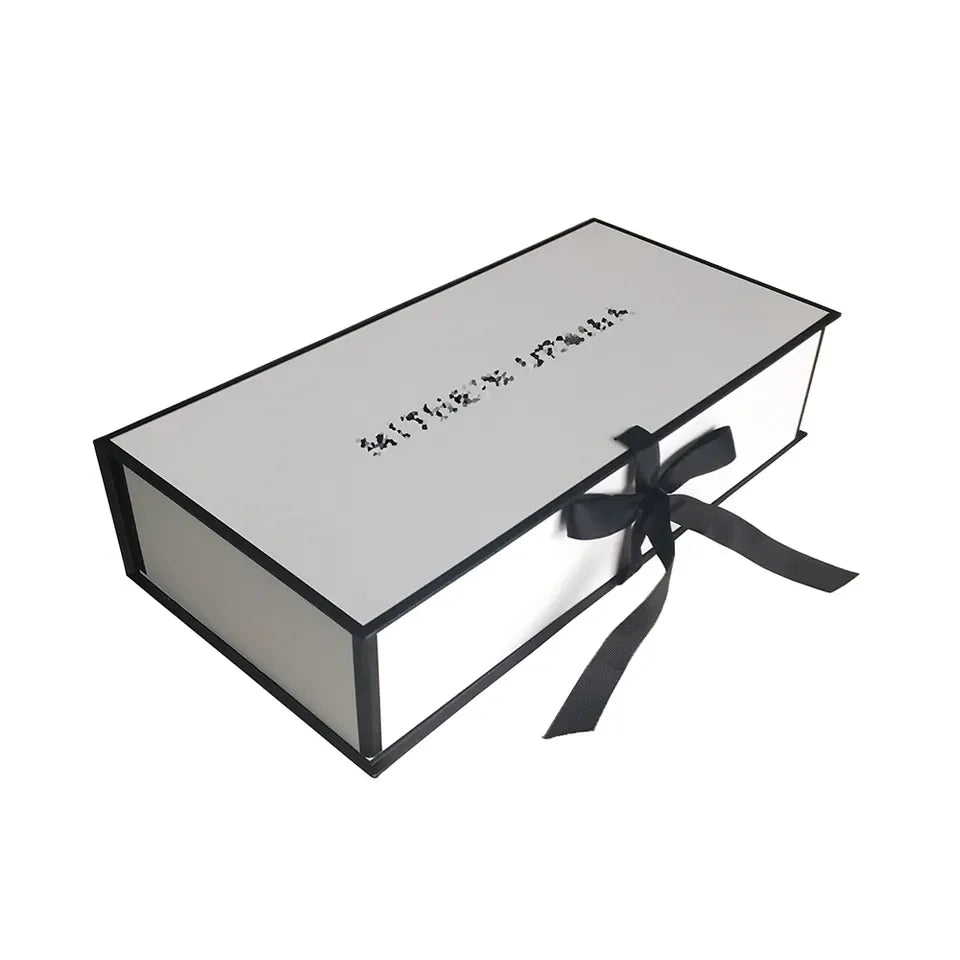 Large Luxury Custom Foldable Gift Magnetic Box Black and White Paper Box Cardboard Clothes Packaging Box With Ribbon