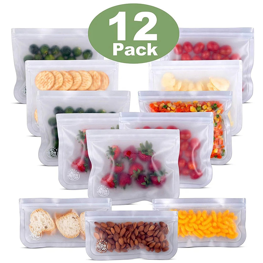 Wholesale Reusable Storage Bags 12 Pack PEVA Leakproof Zipper Silicone Food Storage Bags