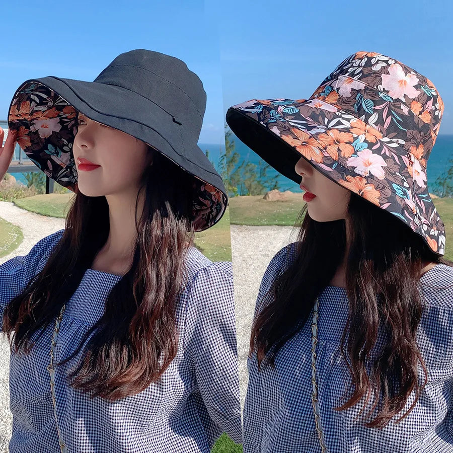 Summer Travel Large Brim Fisherman's Hat Double Sided Wearable Printed Women Sunshade Hat