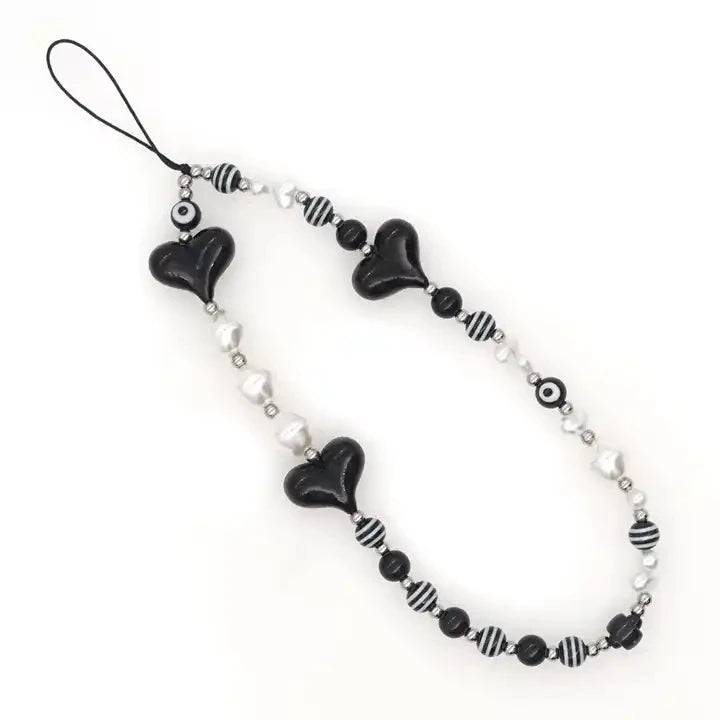Beaded Phone Lanyard Wrist Strap Beaded Phone Charm Black Heart Pearl Beaded Phone Chain Strap for Women Girls