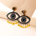 Trendy Gold Plated Acrylic Tassel Eye Drop Earrings Hollow Statement Rhinestone Evil Eyes Studs for Women for Weddings